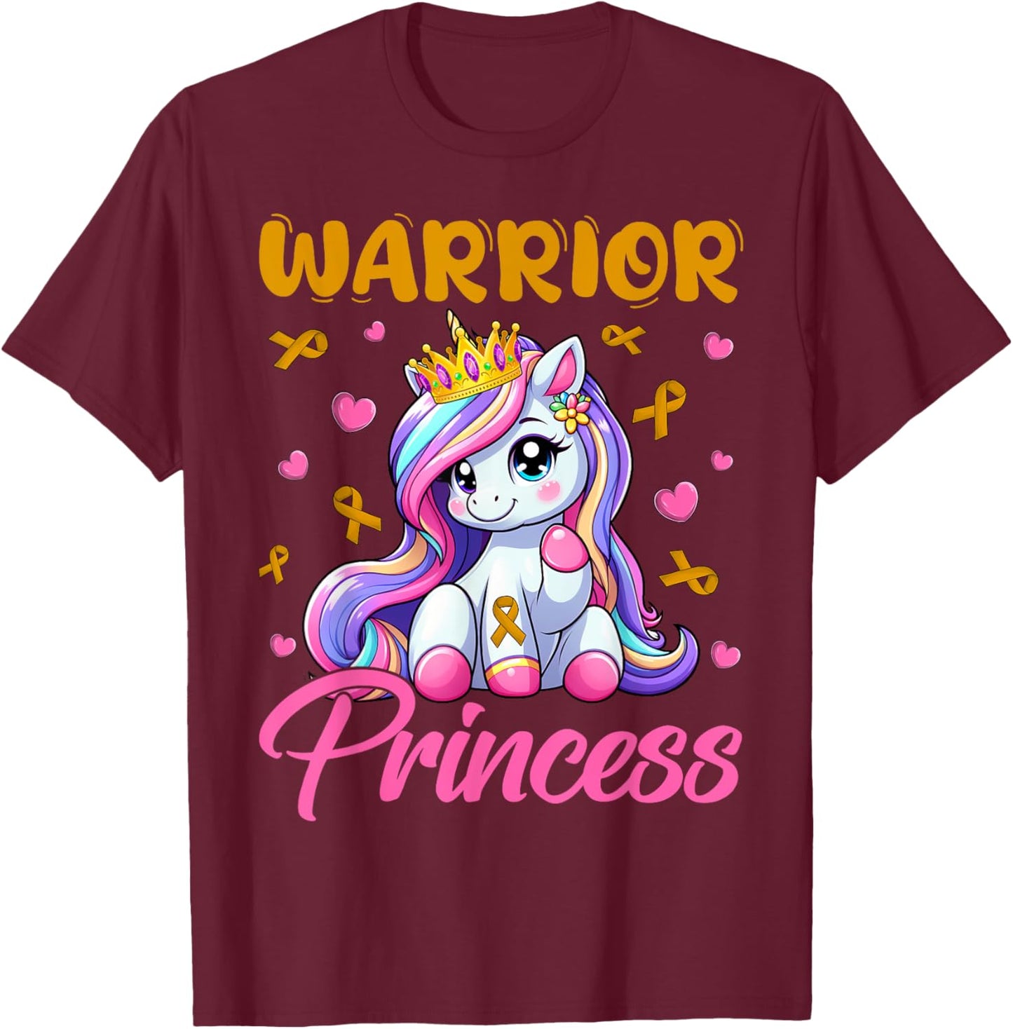 Childhood Cancer Awareness Warrior Princess Unicorn Girls T-Shirt - T-Shirt | Maroon