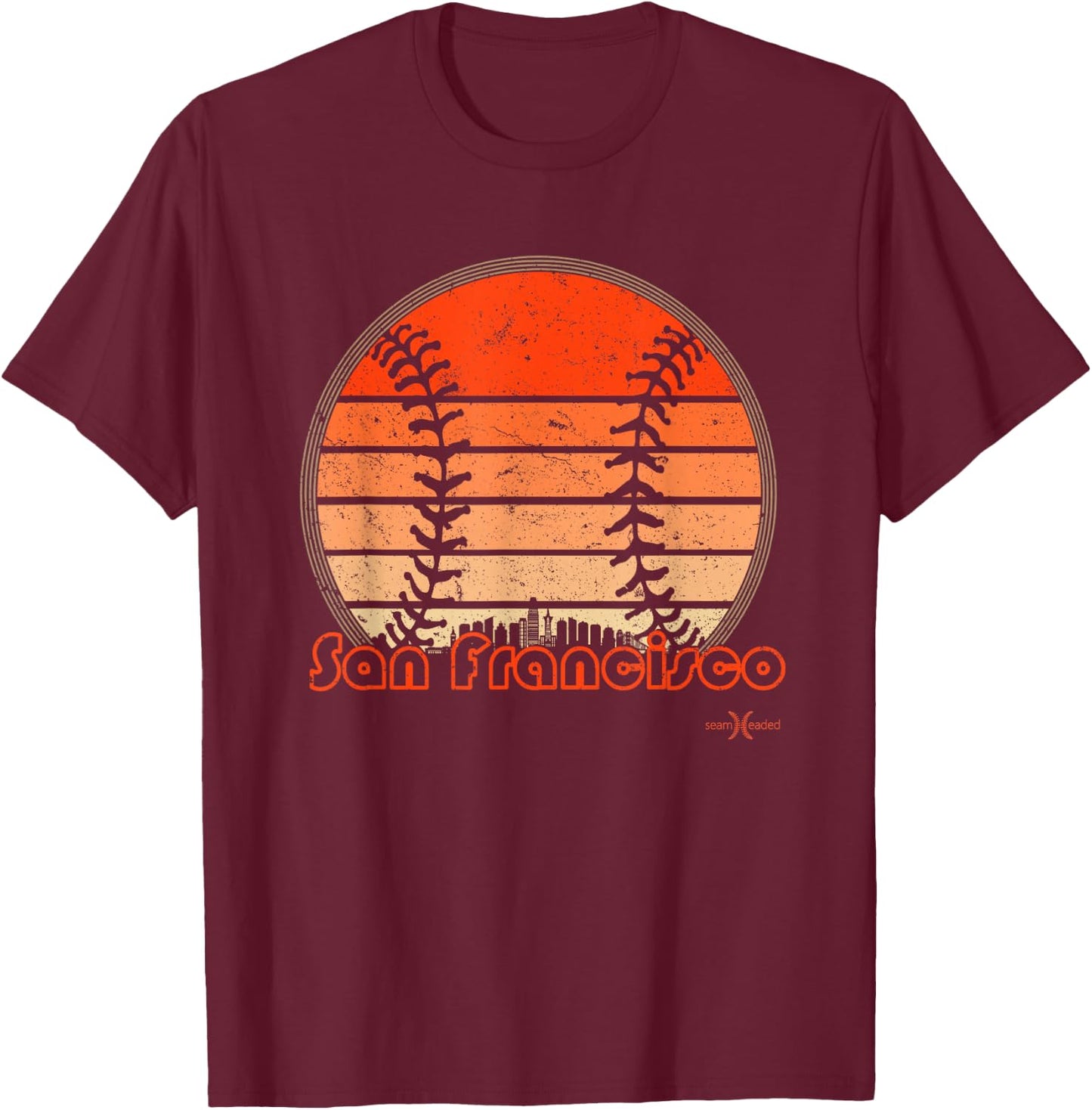 Retro San Francisco Baseball Sunset with Vintage SF Skyline T-Shirt - T-Shirt | Maroon