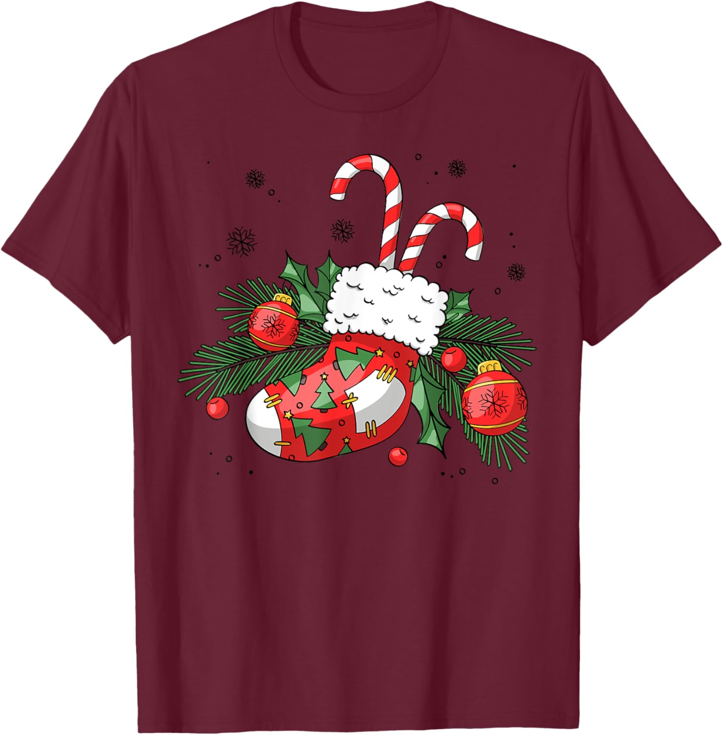 Funny Retro Merry Christmas Stocking Candy Cane Xmas Holiday T-Shirt - T-Shirt | Maroon