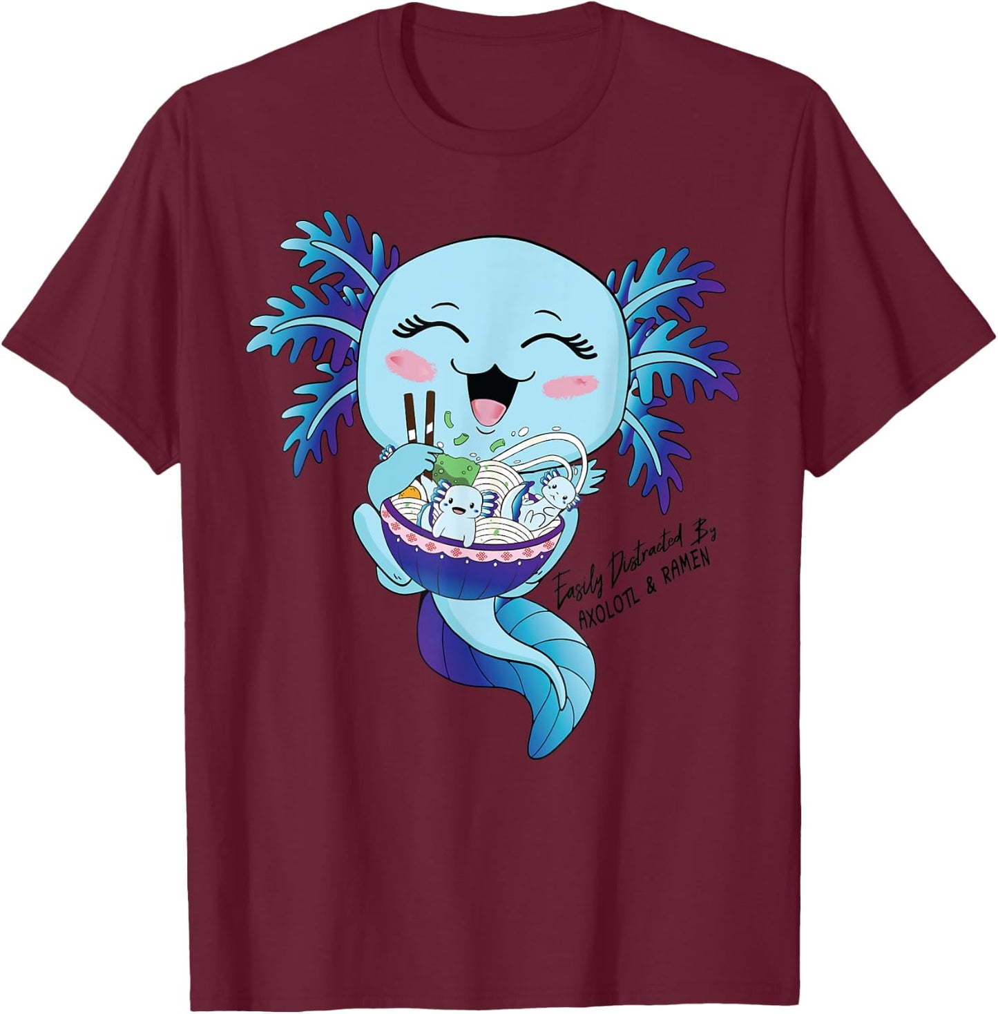 Kawaii Blue Axolotl Eating Ramen Salamander Boys Girls Teens T-Shirt - T-Shirt | Maroon