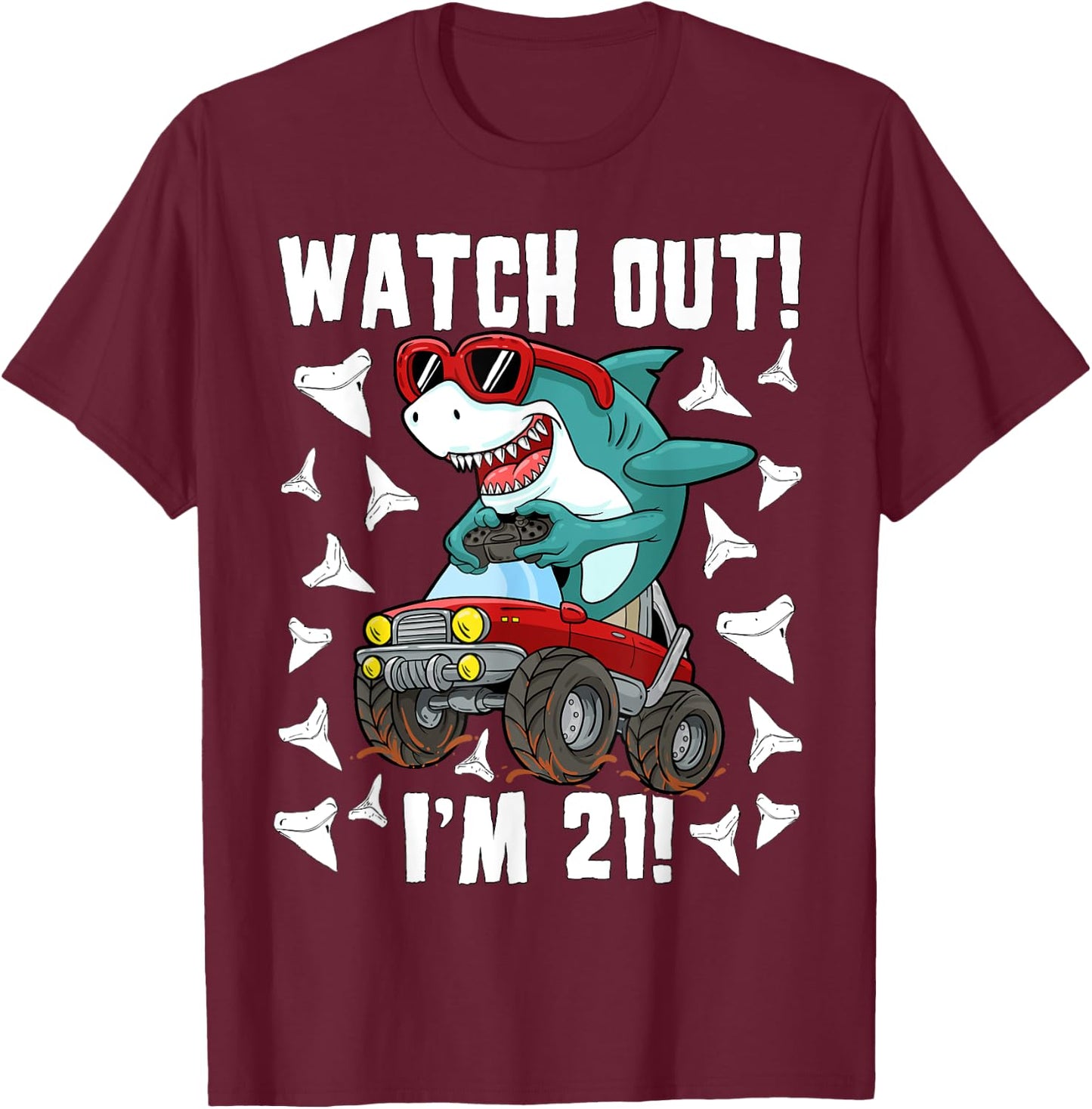 21 Years Old 21st Birthday Shark Boy Monster Truck Gamer T-Shirt - T-Shirt | Maroon
