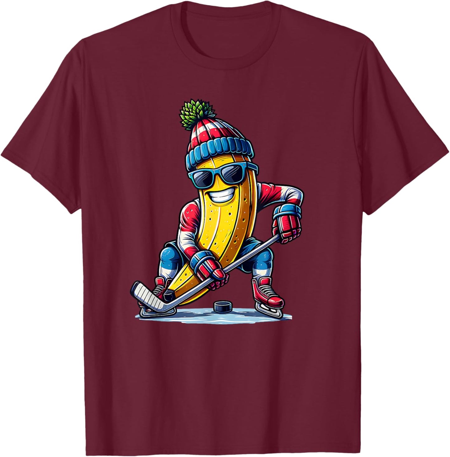 Hockey Banana Winter Hat Glove Funny , Black, S T-Shirt - T-Shirt | Maroon