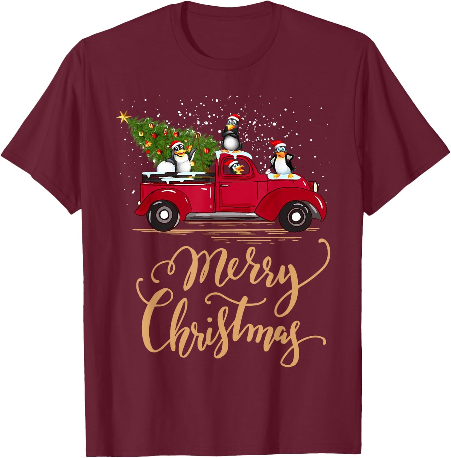 Penguin Driving Christmas Tree Red Truck Penguin Christmas T-Shirt - T-Shirt | Maroon