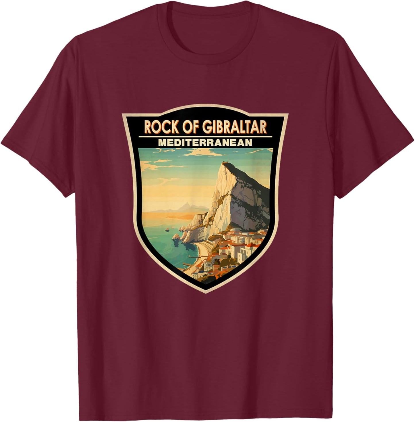 Rock of Gibraltar Travel Art Badge Vintage T-Shirt - T-Shirt | Maroon