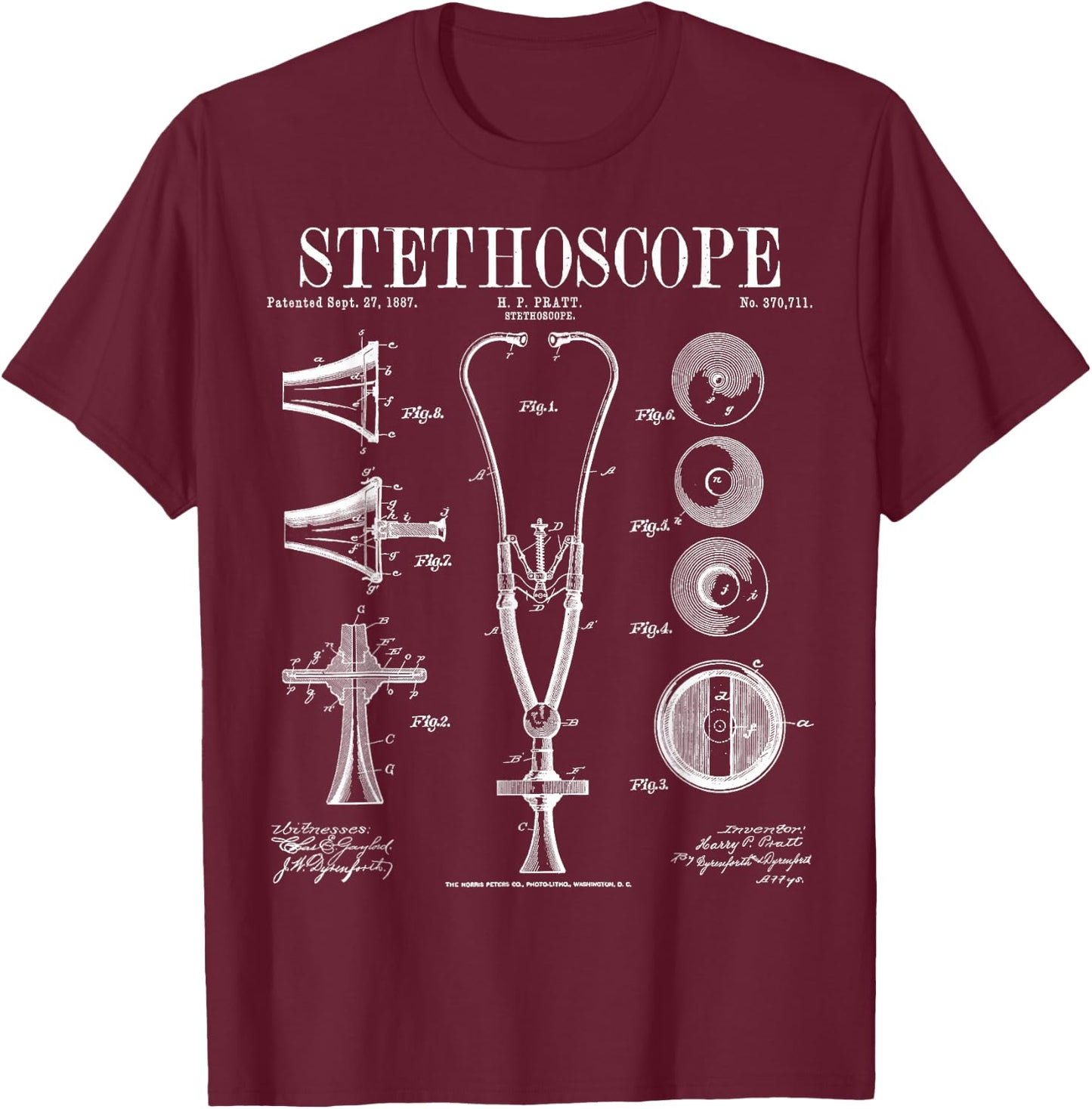 Stethoscope Old Vintage Patent Drawing Print Doctor Nurse T-Shirt - T-Shirt | Maroon