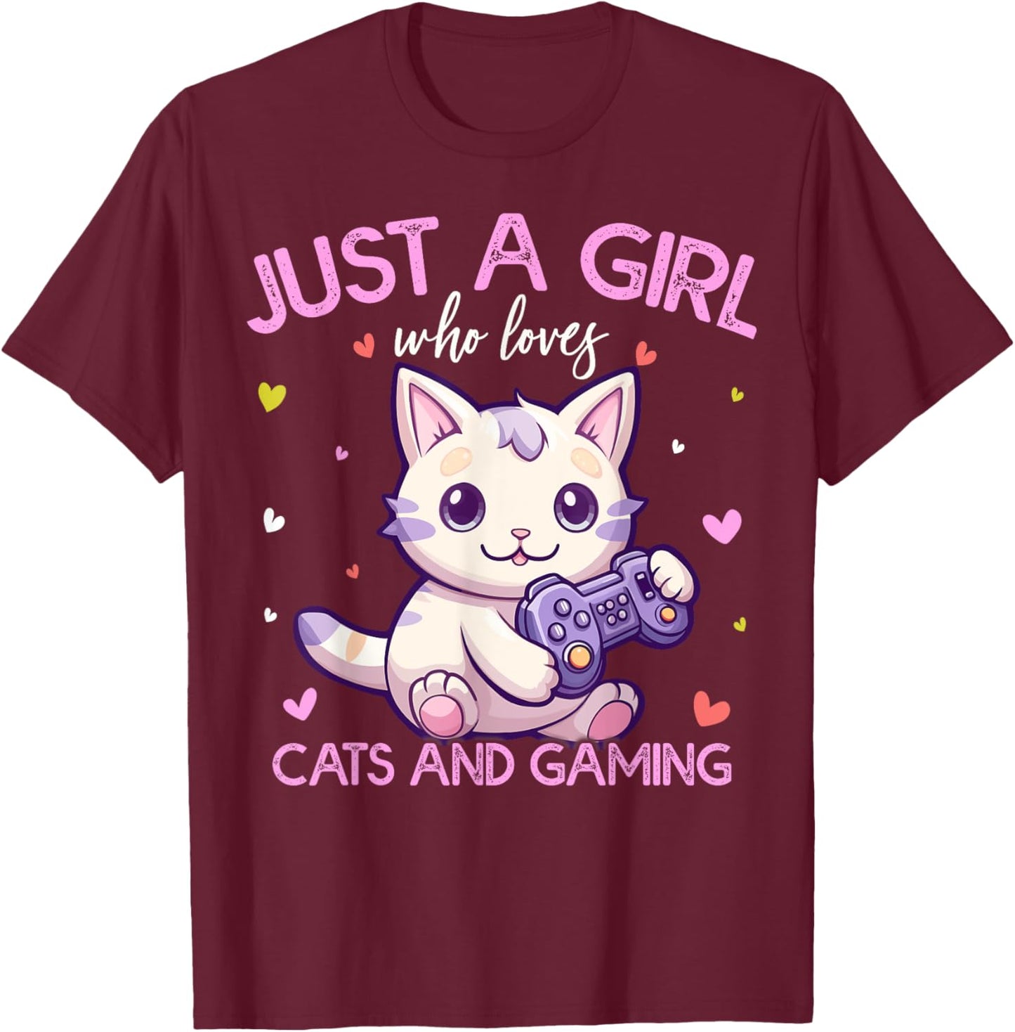 Just A Girl Who Loves Cats And Gaming Girls Kids Women T-Shirt - T-Shirt | Maroon