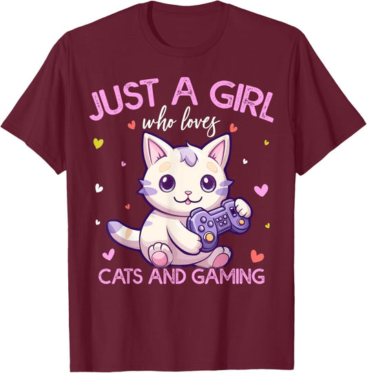 Just A Girl Who Loves Cats And Gaming Girls Kids Women T-Shirt - T-Shirt | Maroon