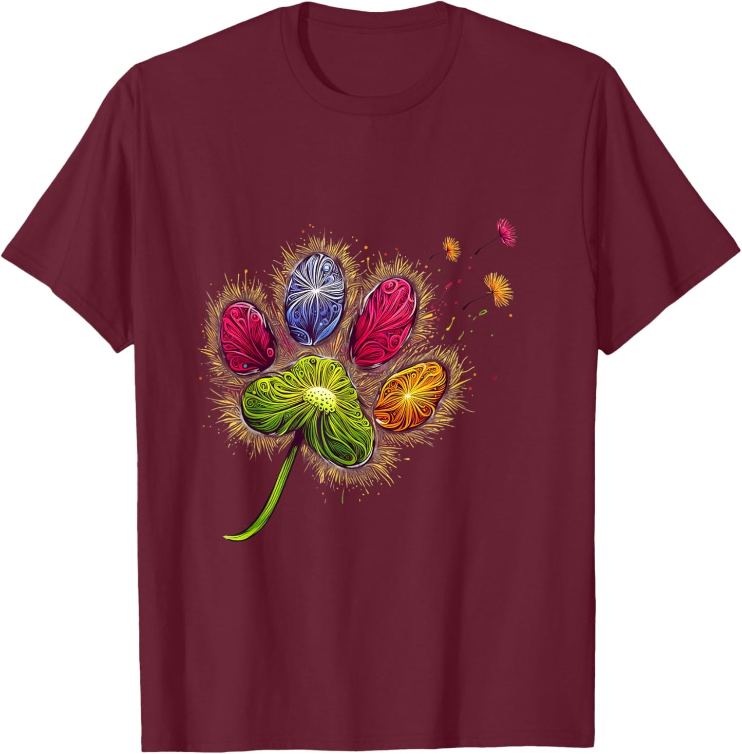 Colorful Big Paw Print Dandelion Paw Print Graphic T-Shirt - T-Shirt | Maroon
