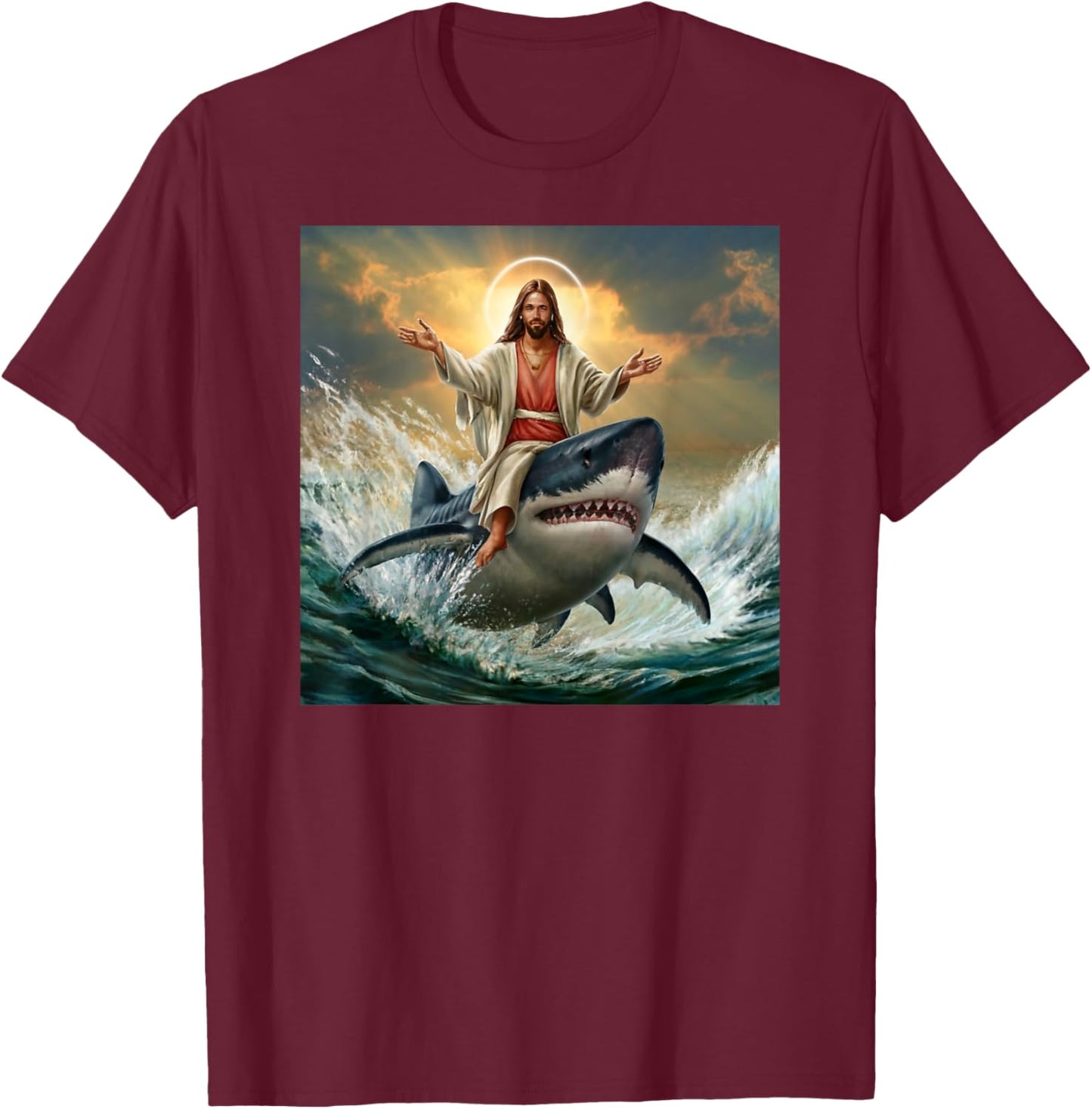 Christian Jesus Riding Shark Funny Shark Jesus Lover T-Shirt - T-Shirt | Maroon