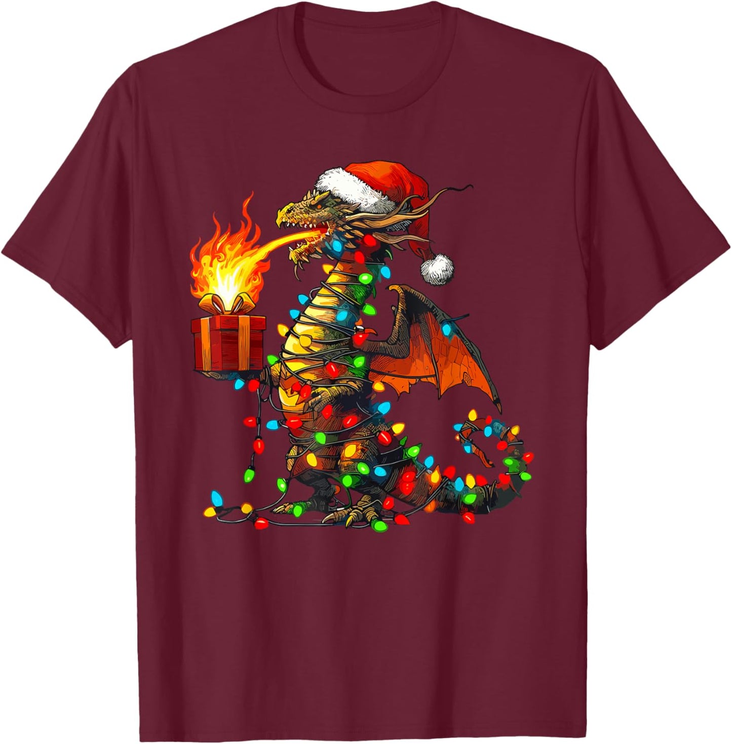 Dragon Wearing Santa Hat, Holding A Present Box Xmas T-Shirt - T-Shirt | Maroon
