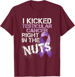 Testicular Cancer Awareness Survivor Kicked In The Nuts Ball T-Shirt - T-Shirt | Maroon
