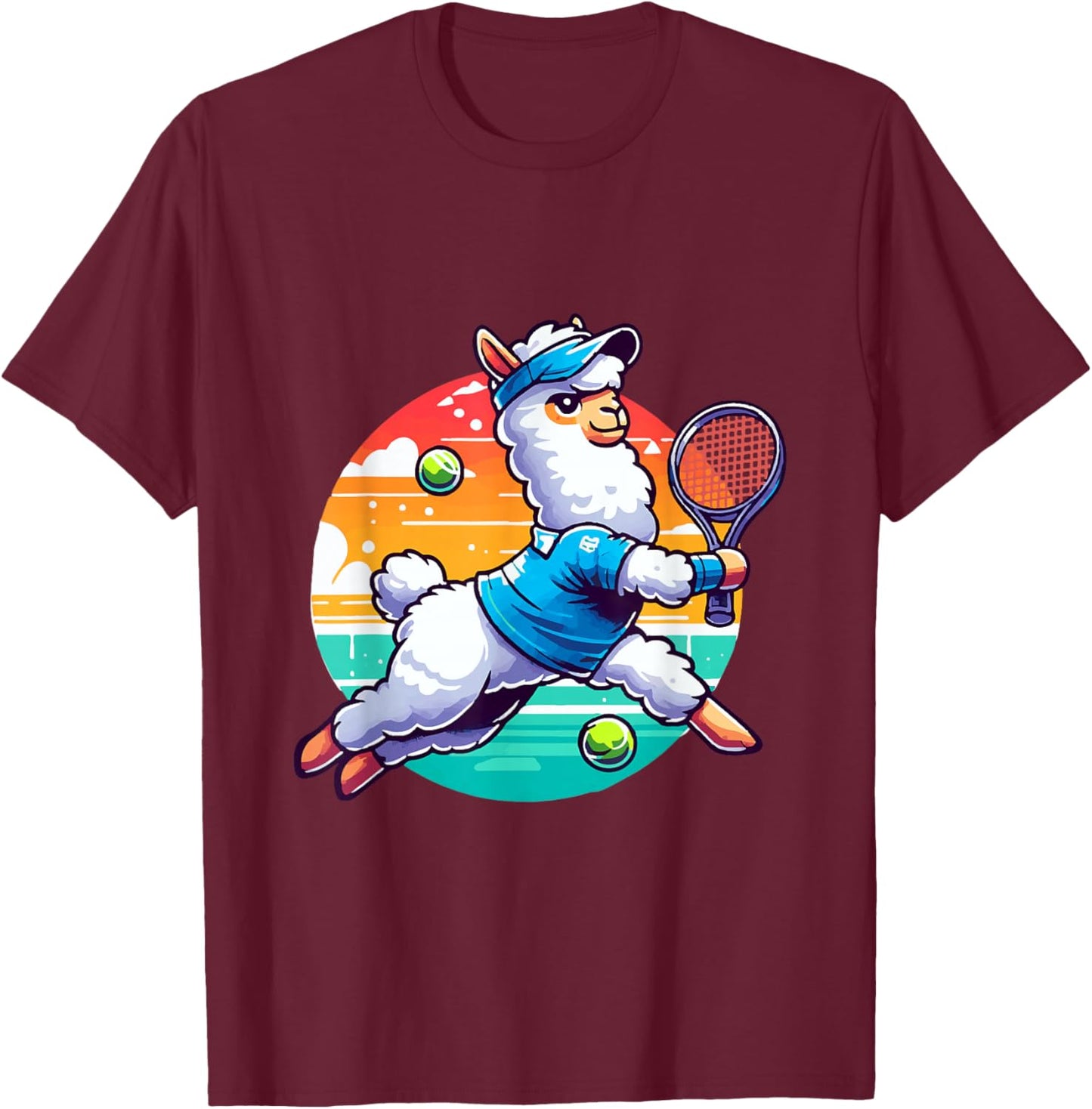 Llama Playing Tennis in Front of a Sunset T-Shirt - T-Shirt | Maroon