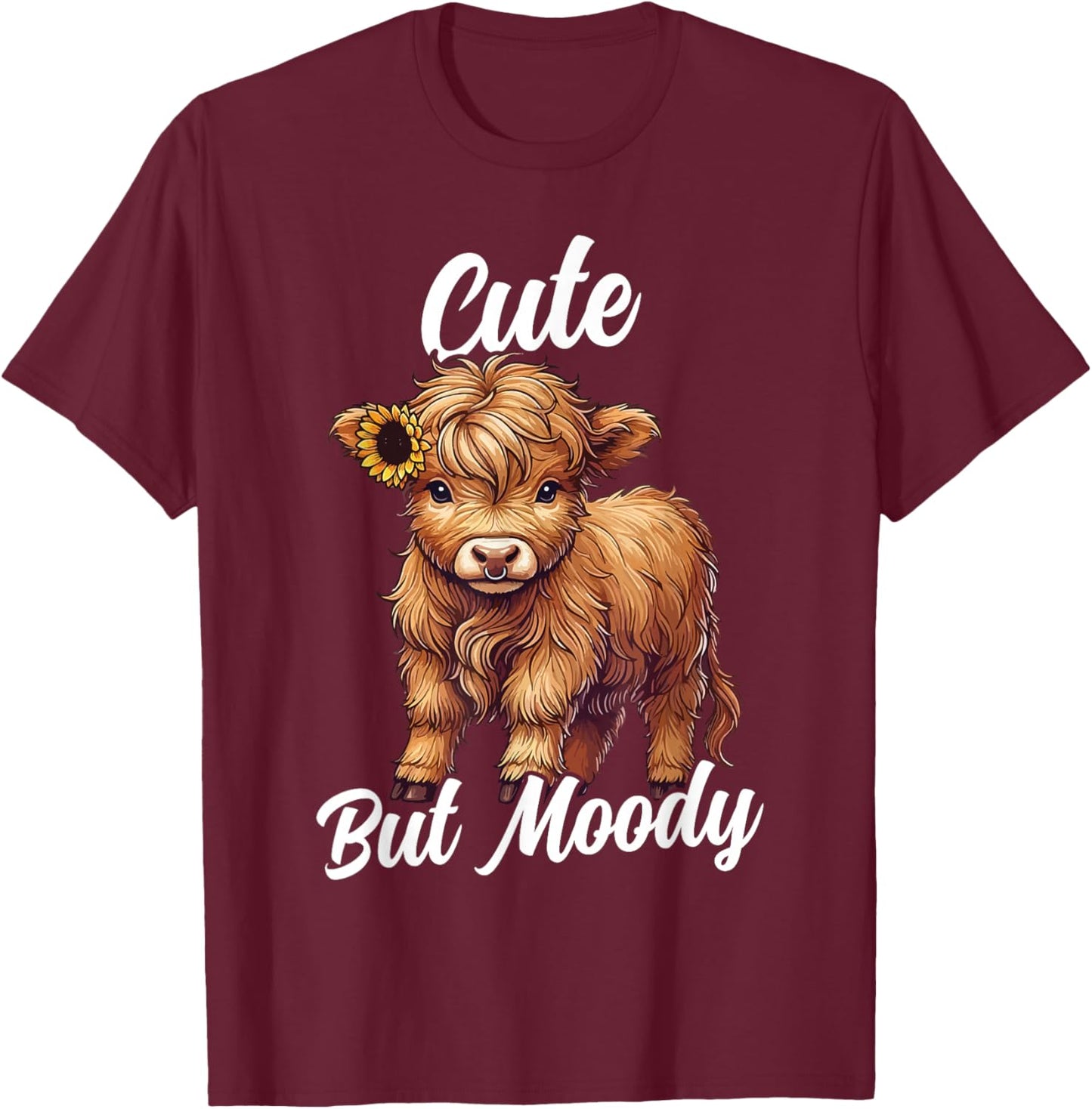 Cute But Moody Highland Cow Cowgirl Baby With Sunflower T-Shirt - T-Shirt | Maroon