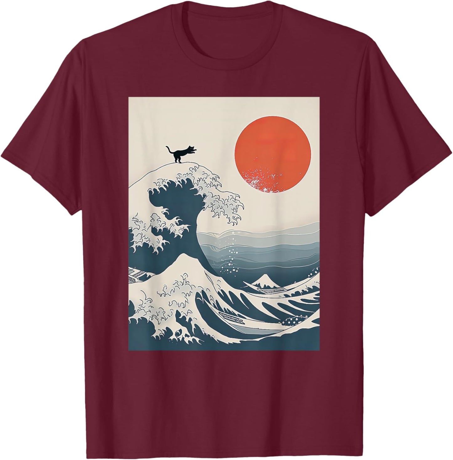 The Great Wave Of Kanagawa Cat Funny Kitten Japanese Cat Art T-Shirt - T-Shirt | Maroon