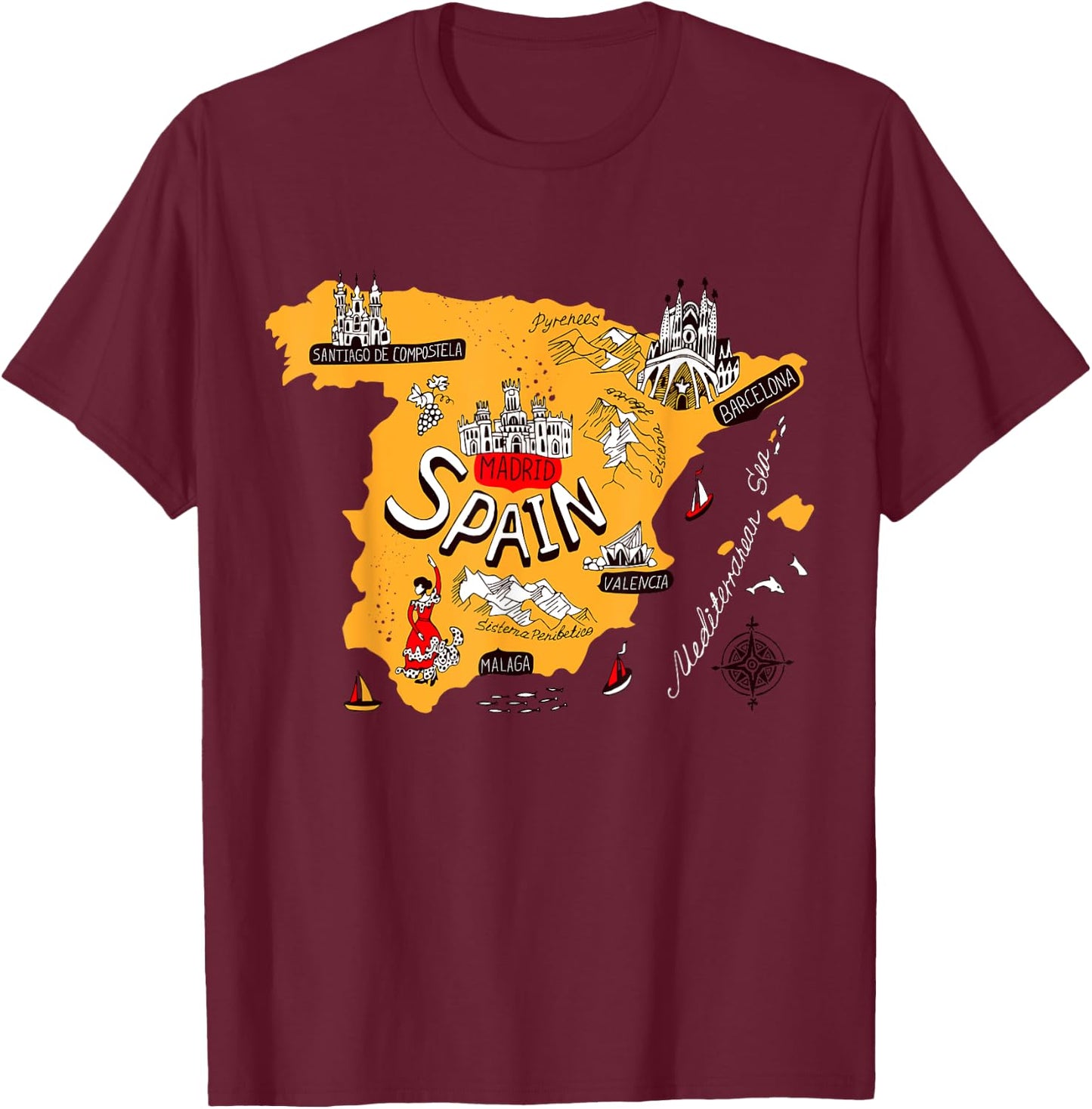 I Love Spain Culture Shirt, Vintage Spain Graphic Design T-Shirt - T-Shirt | Maroon