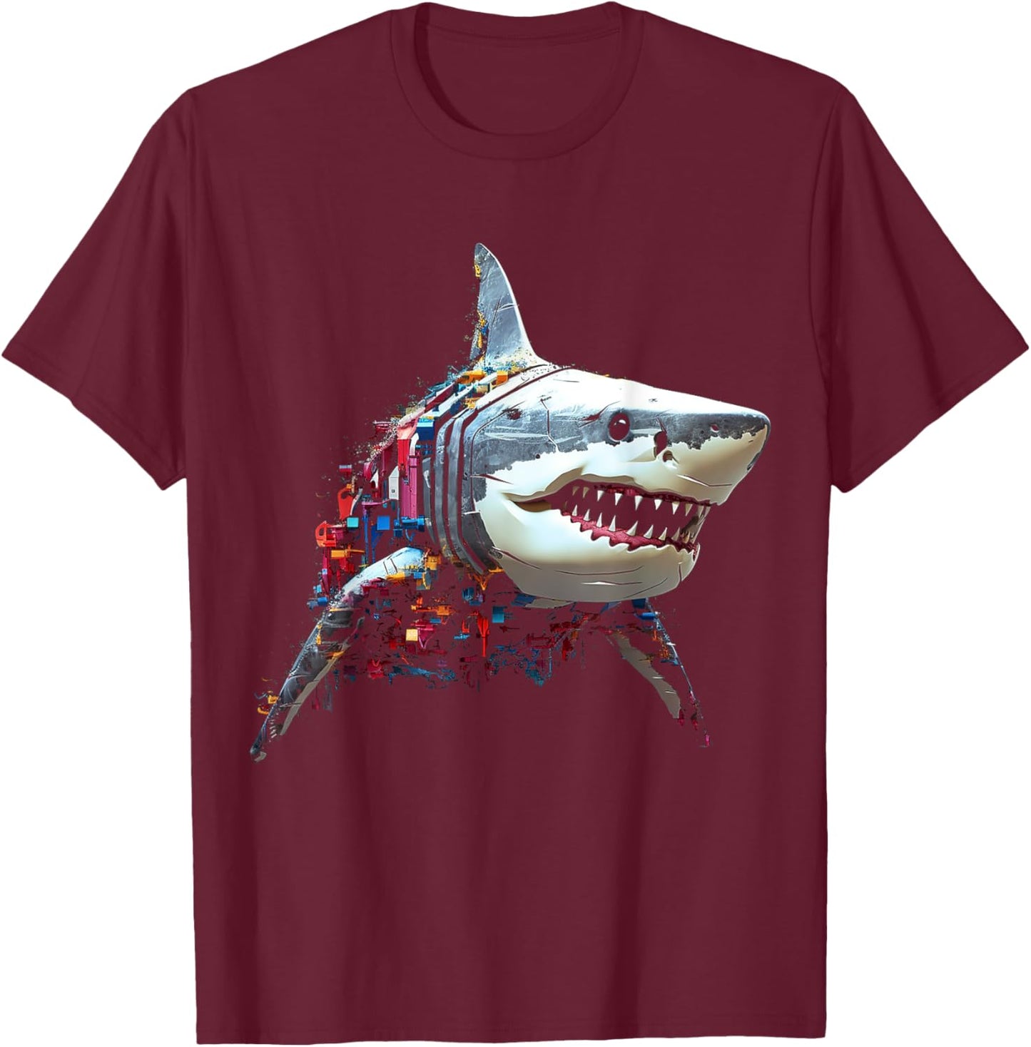 Shark Colorful Art Abstract Animal Polygon Graphic Shark T-Shirt - T-Shirt | Maroon