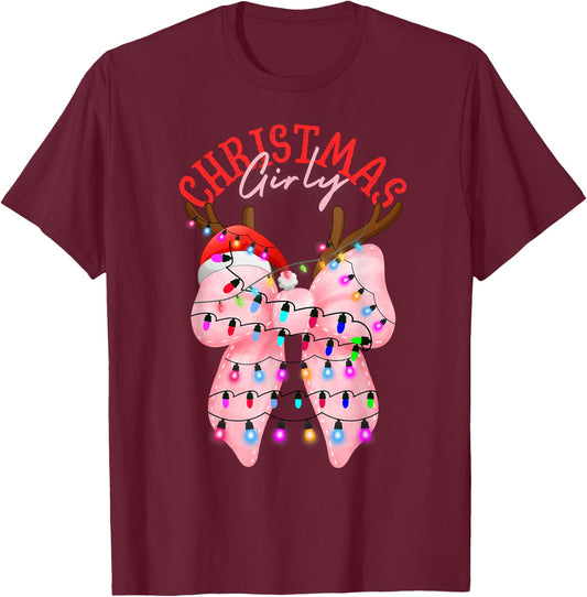 Coquette Bow Pink Gingerbread Christmas Girly Xmas Holiday T-Shirt - T-Shirt | Maroon