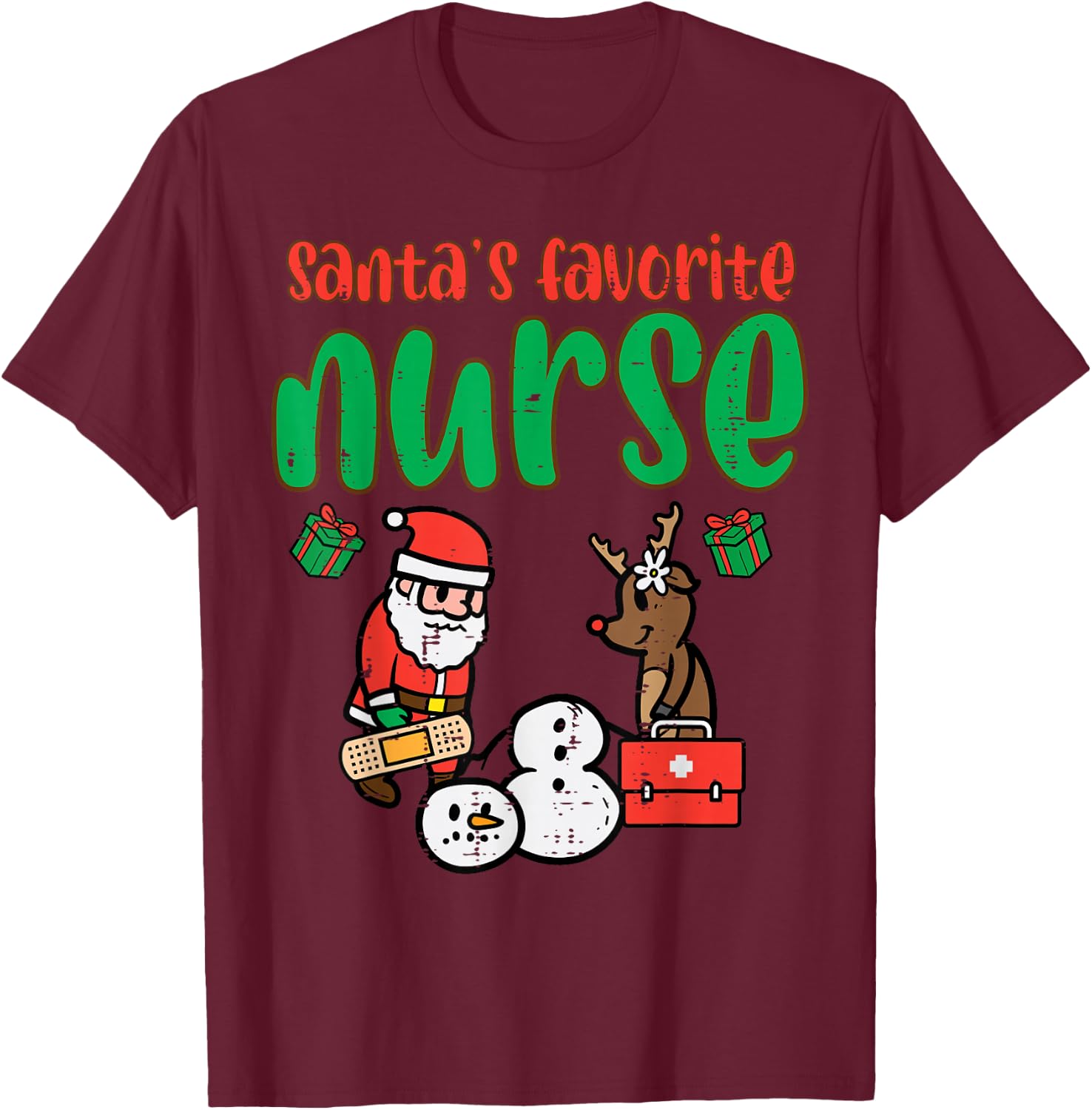 Santas Favorite Nurse Christmas Xmas Nursing Scrub Top Women T-Shirt - T-Shirt | Maroon