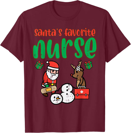 Santas Favorite Nurse Christmas Xmas Nursing Scrub Top Women T-Shirt - T-Shirt | Maroon