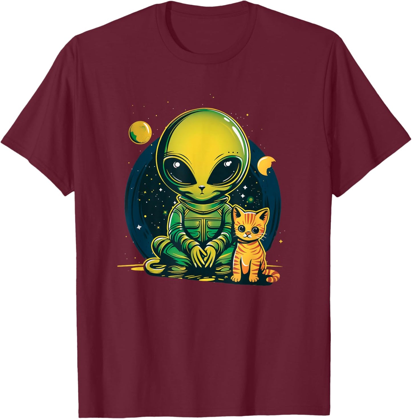 Alien And Cat Funny Cat Selfie With Alien Vintage Ufo Funny T-Shirt - T-Shirt | Maroon