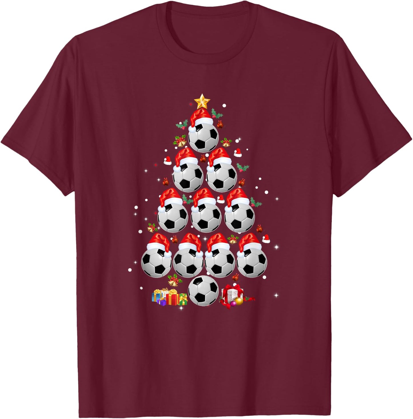 Soccer Balls Christmas Tree Shirt Lights Xmas T-Shirt - T-Shirt | Maroon