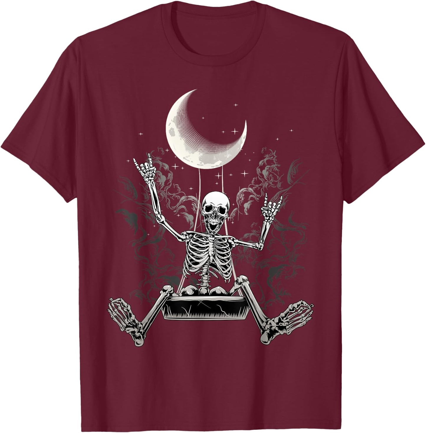 Moon Skeleton Rock On Hand Spooky Halloween Rock Concerts T-Shirt - T-Shirt | Maroon