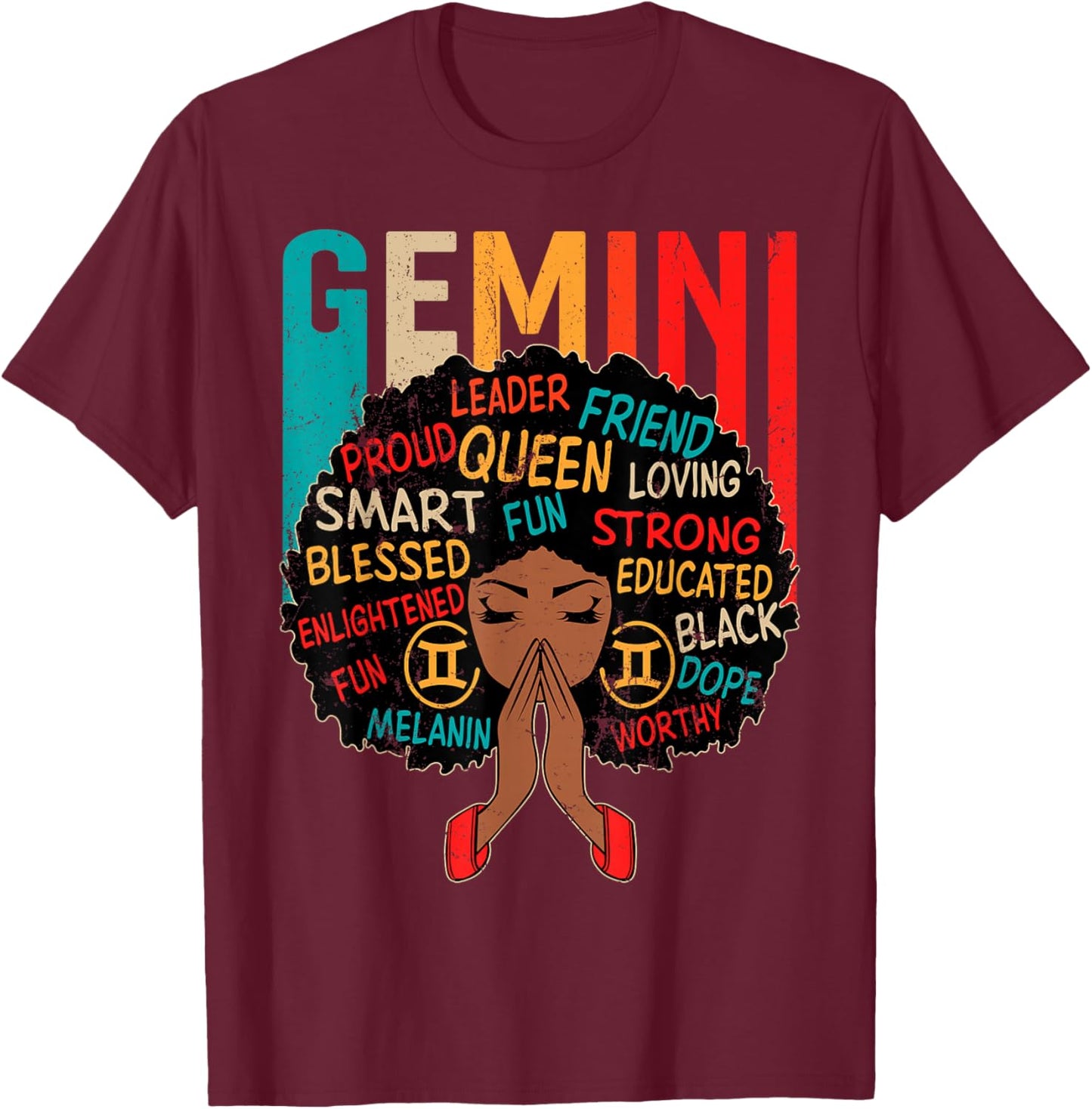 Gemini Queen Retro Afro Black Women Zodiac Sign T-Shirt - T-Shirt | Maroon