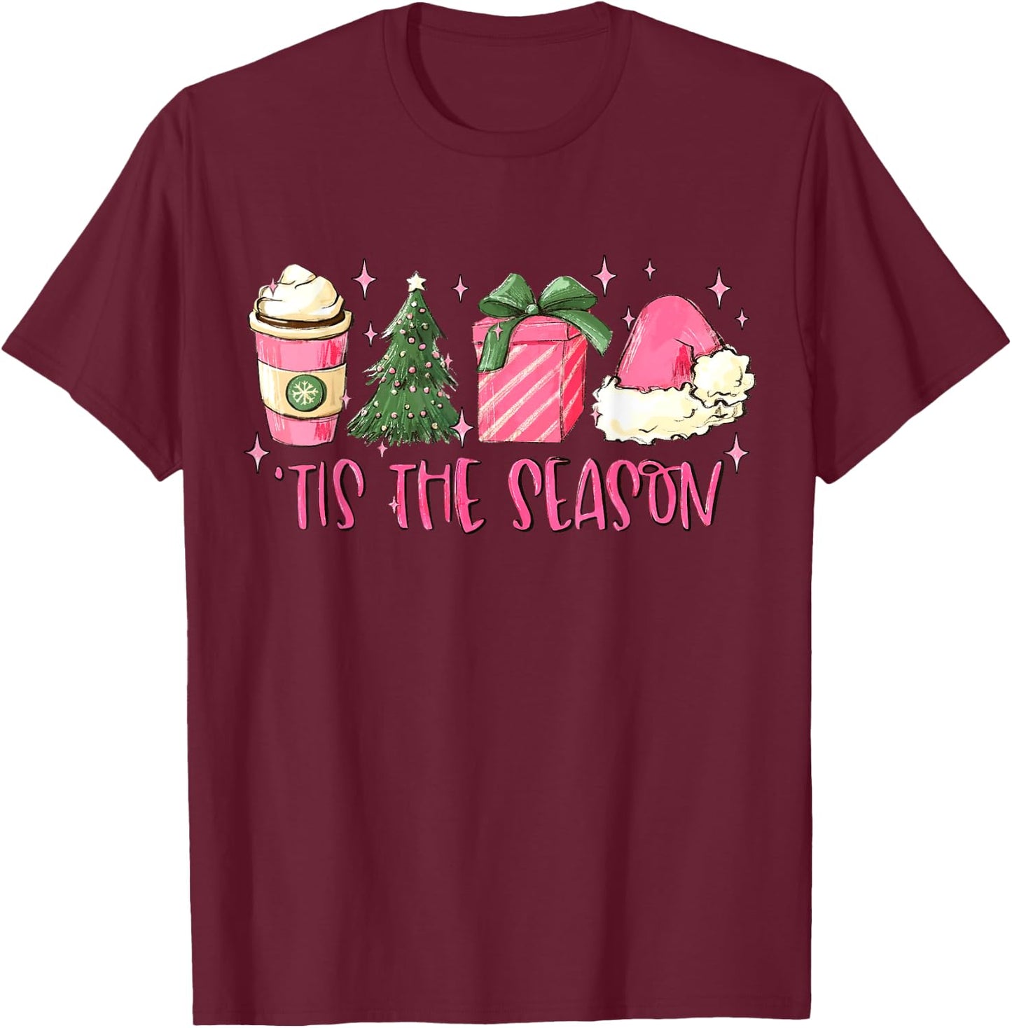 Retro Tis The Season Pink Christmas Coffee Funny Family Xmas T-Shirt - T-Shirt | Maroon