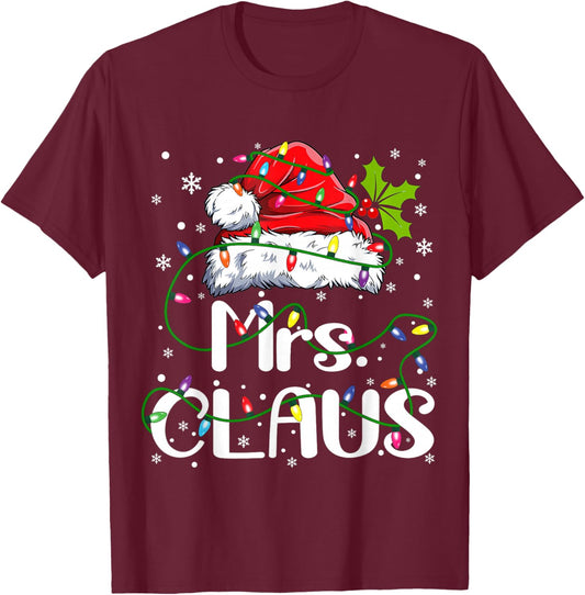 Mr and Mrs Claus Couples Matching Christmas Pajamas Santa T-Shirt - T-Shirt | Maroon
