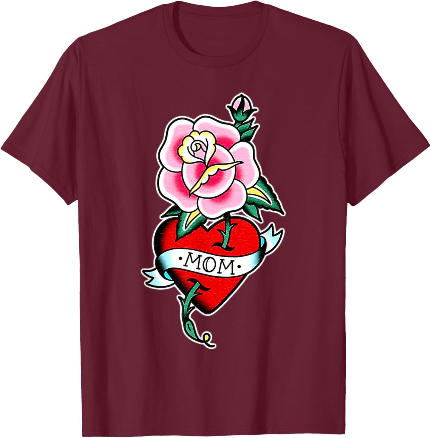 Mom x Rose x Heart Traditional Tattoo Flash T-Shirt - T-Shirt | Maroon