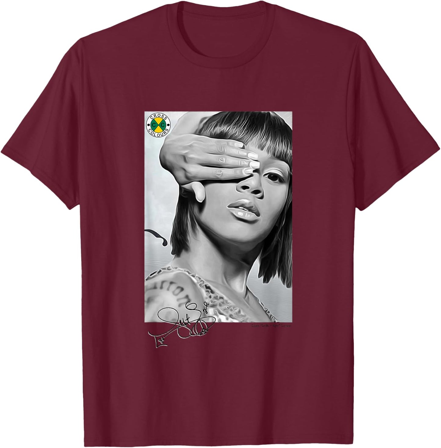 CROSS COLOURS Lisa Left Eye Lopes Legacy | 1990's Vintage Legends Adult T-Shirt - T-Shirt | Maroon