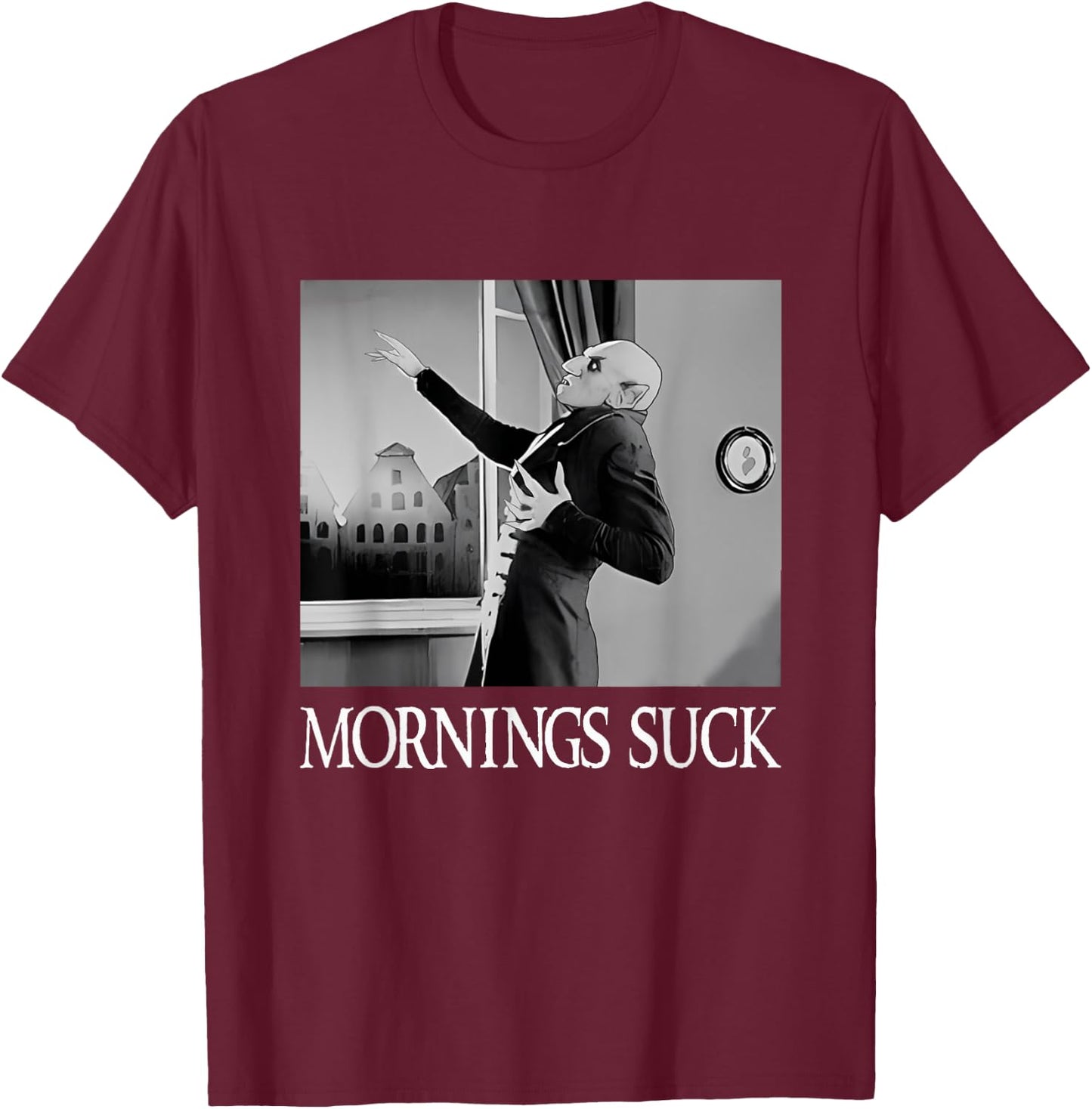 Mornings Suck Funny Halloween Vampire Pun Graphic T-Shirt - T-Shirt | Maroon
