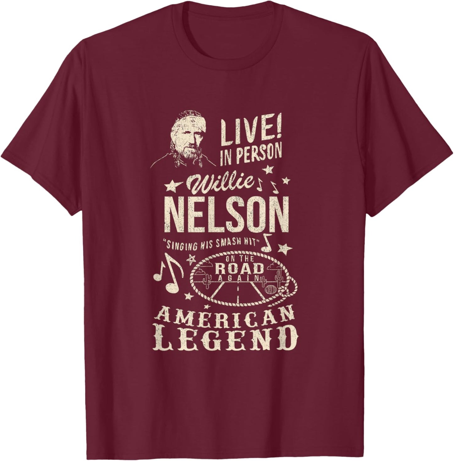 Official Willie Nelson Live In Person T-Shirt - T-Shirt | Maroon