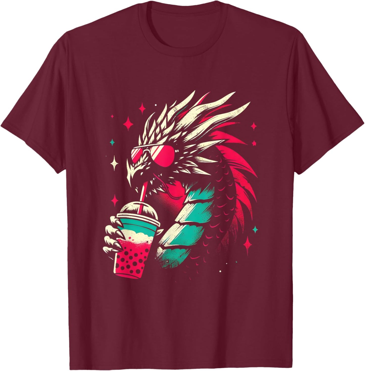 Dragon Drinking Boba Tea - Retro Dragon With Bubble Tea T-Shirt - T-Shirt | Maroon