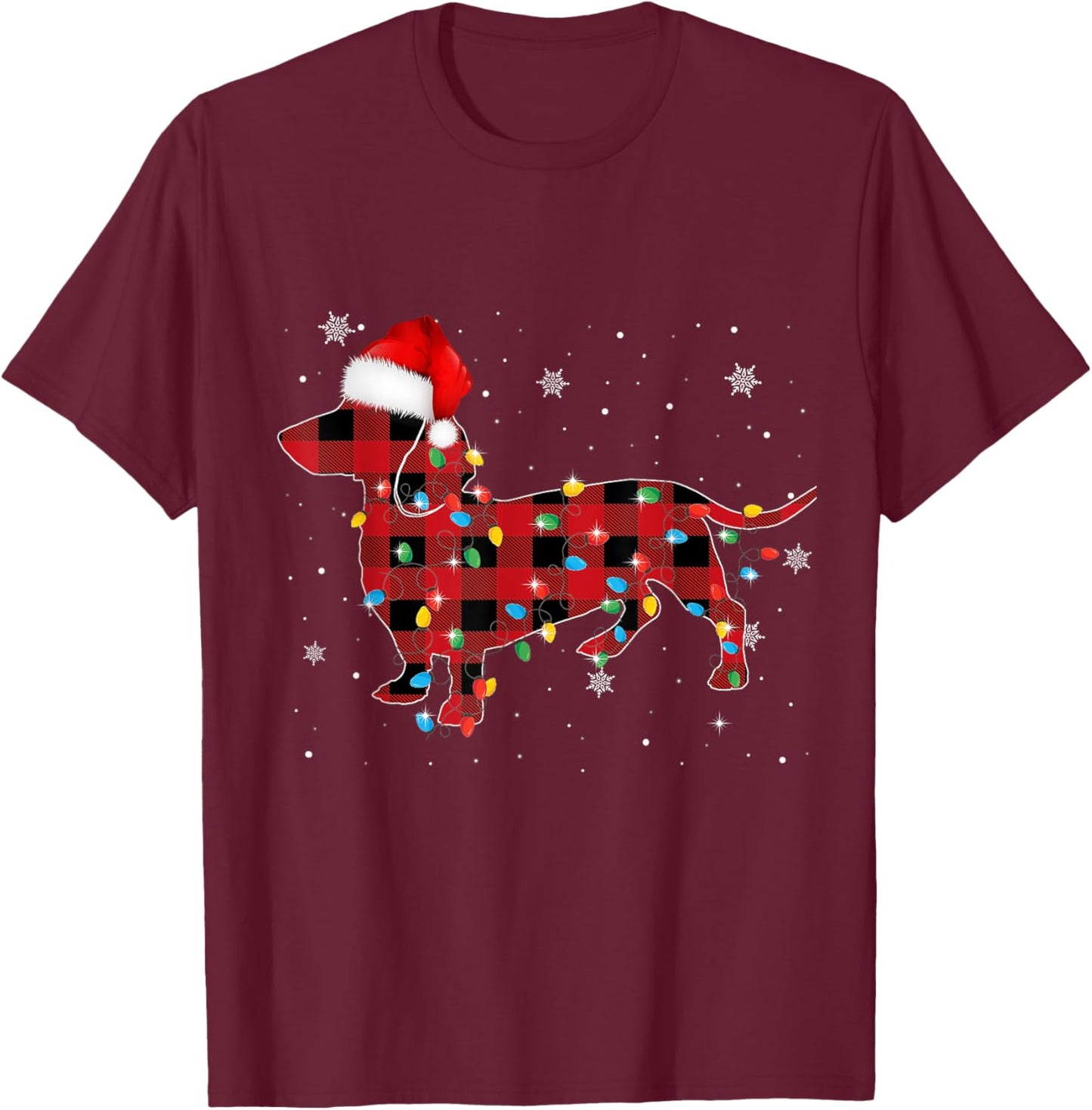 Red Plaid Santa Hat Dachshund Christmas Dog Lover Pajamas T-Shirt - T-Shirt | Maroon