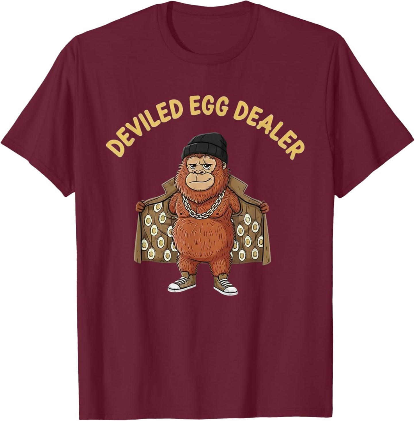 Funny Bigfoot Deviled Egg Dealer Trench Coat Gangster T-Shirt - T-Shirt | Maroon