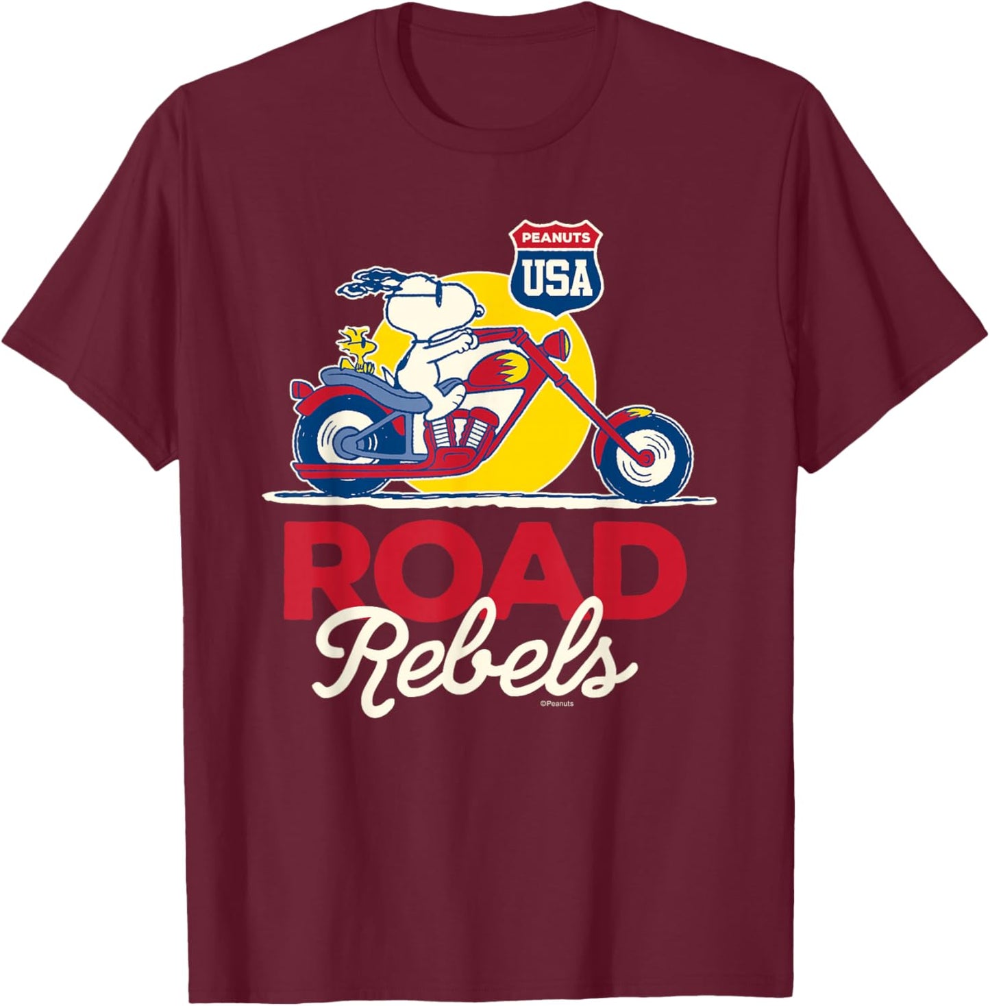 Peanuts - Snoopy Woodstock Motorcycle Road Rebels T-Shirt - T-Shirt | Maroon