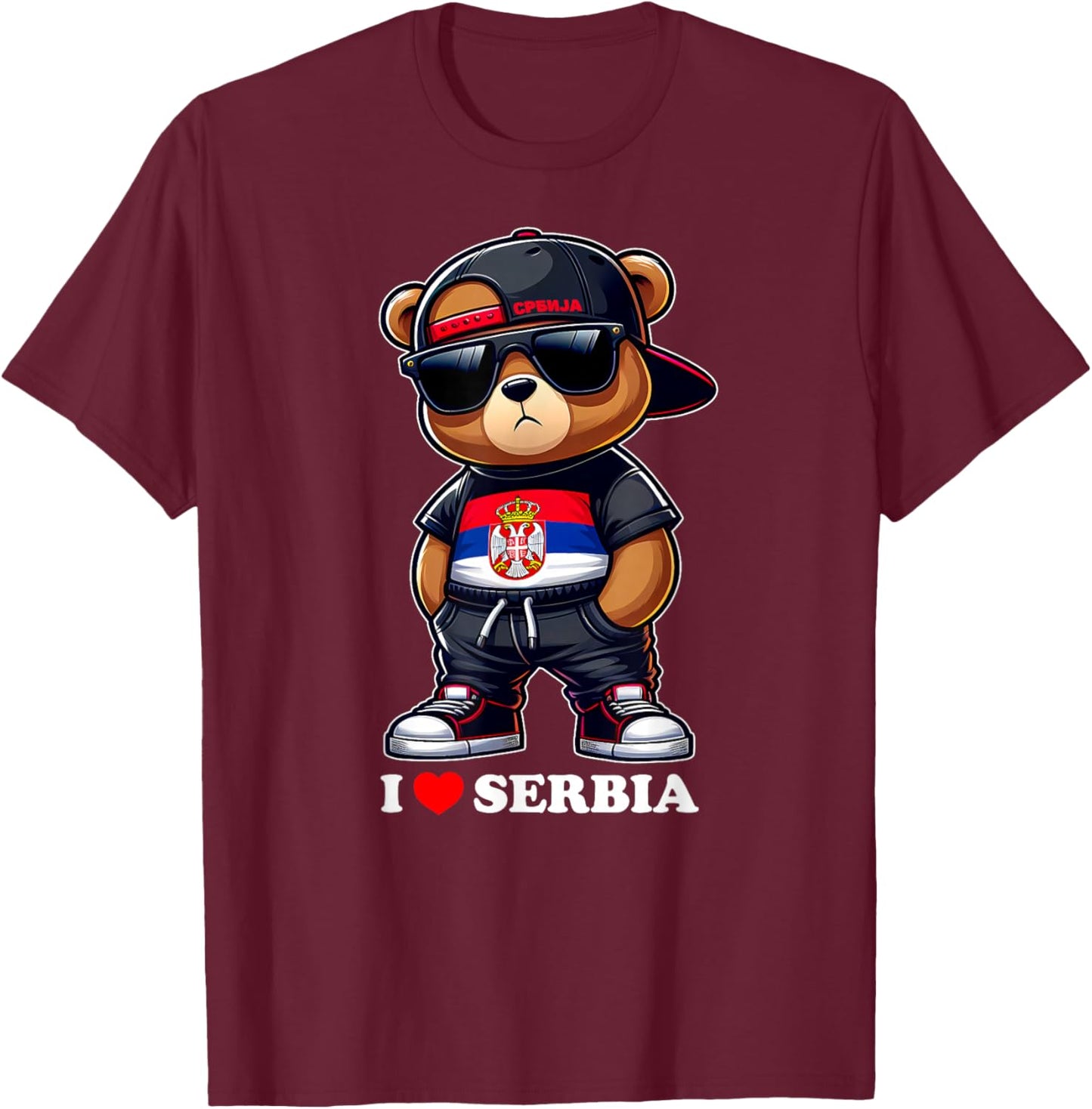 I LOVE SERBIA Flag Serbian Teddy Bear Yugoslavia Gift Srbija T-Shirt - T-Shirt | Maroon