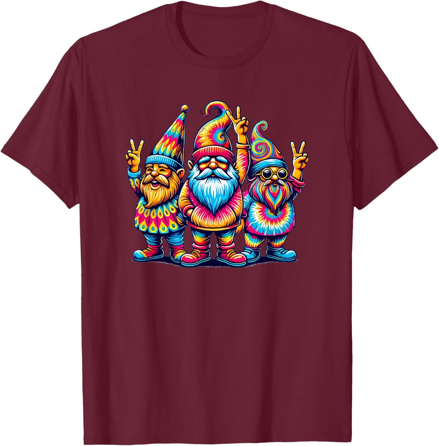 Silly Retro Gnomes Colorful Peace Sign Hippie Love Adults T-Shirt - T-Shirt | Maroon