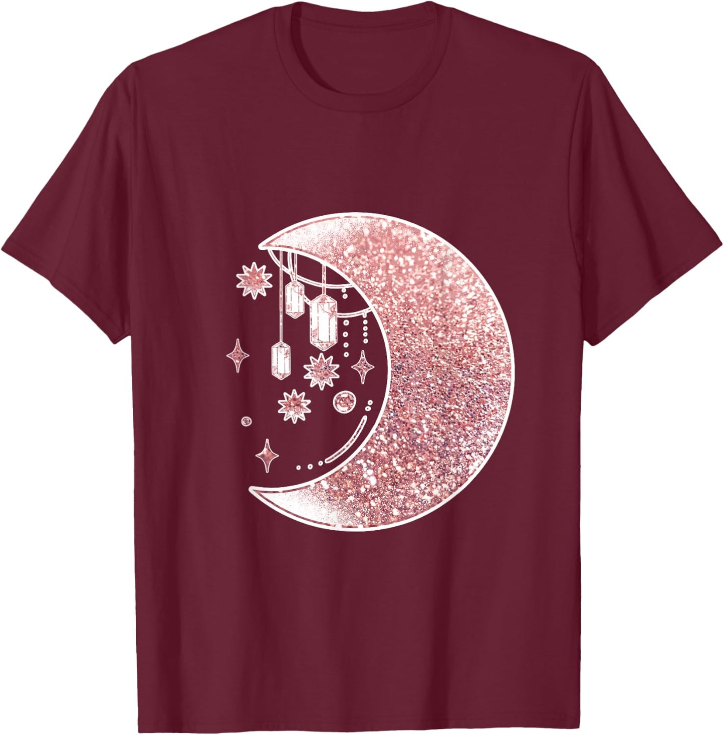 Rose Pink Half Crescent Moon Stars Ornaments Galaxy T-Shirt - T-Shirt | Maroon