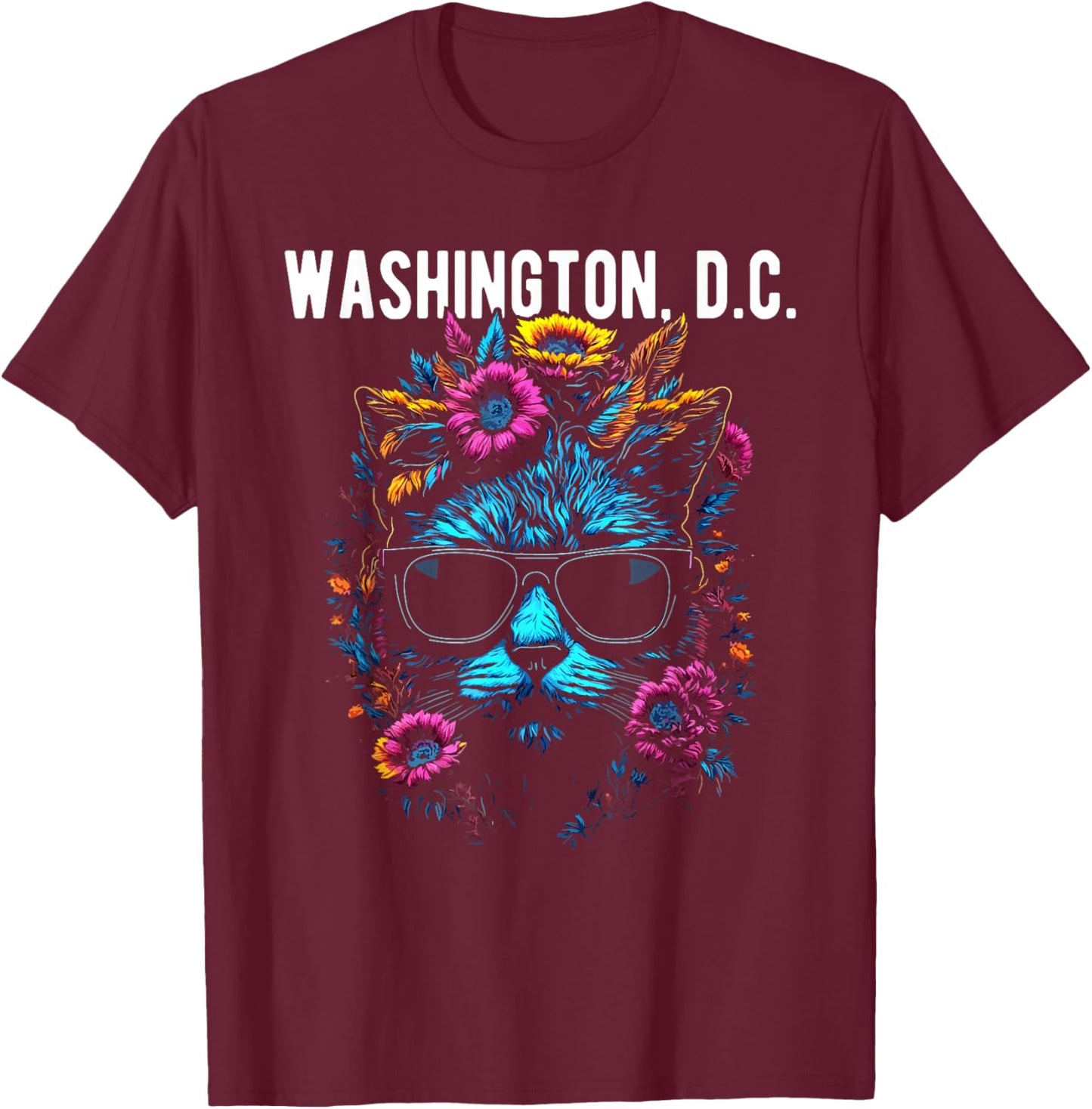 Washington D.C. Cat Wearing Sunglasses Design T-Shirt - T-Shirt | Maroon