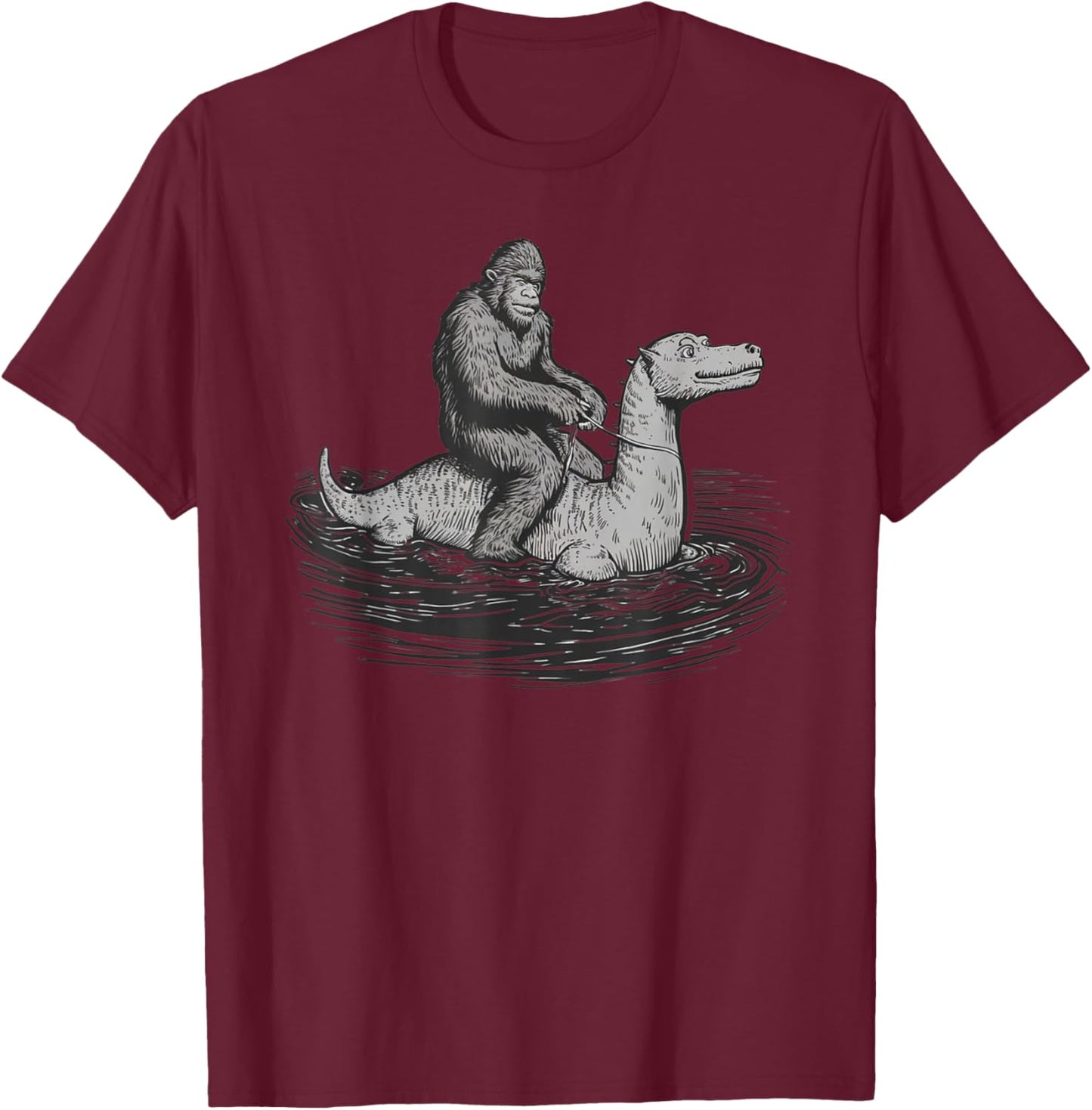 Bigfoot Sasquatch Riding The Loch Ness Monster Funny BigFoot T-Shirt - T-Shirt | Maroon