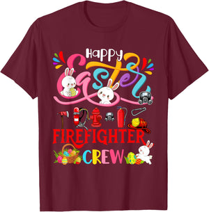 Happy Easter Firefighter Crew Group Bunnies Hunting Eggs T-Shirt - T-Shirt | Maroon