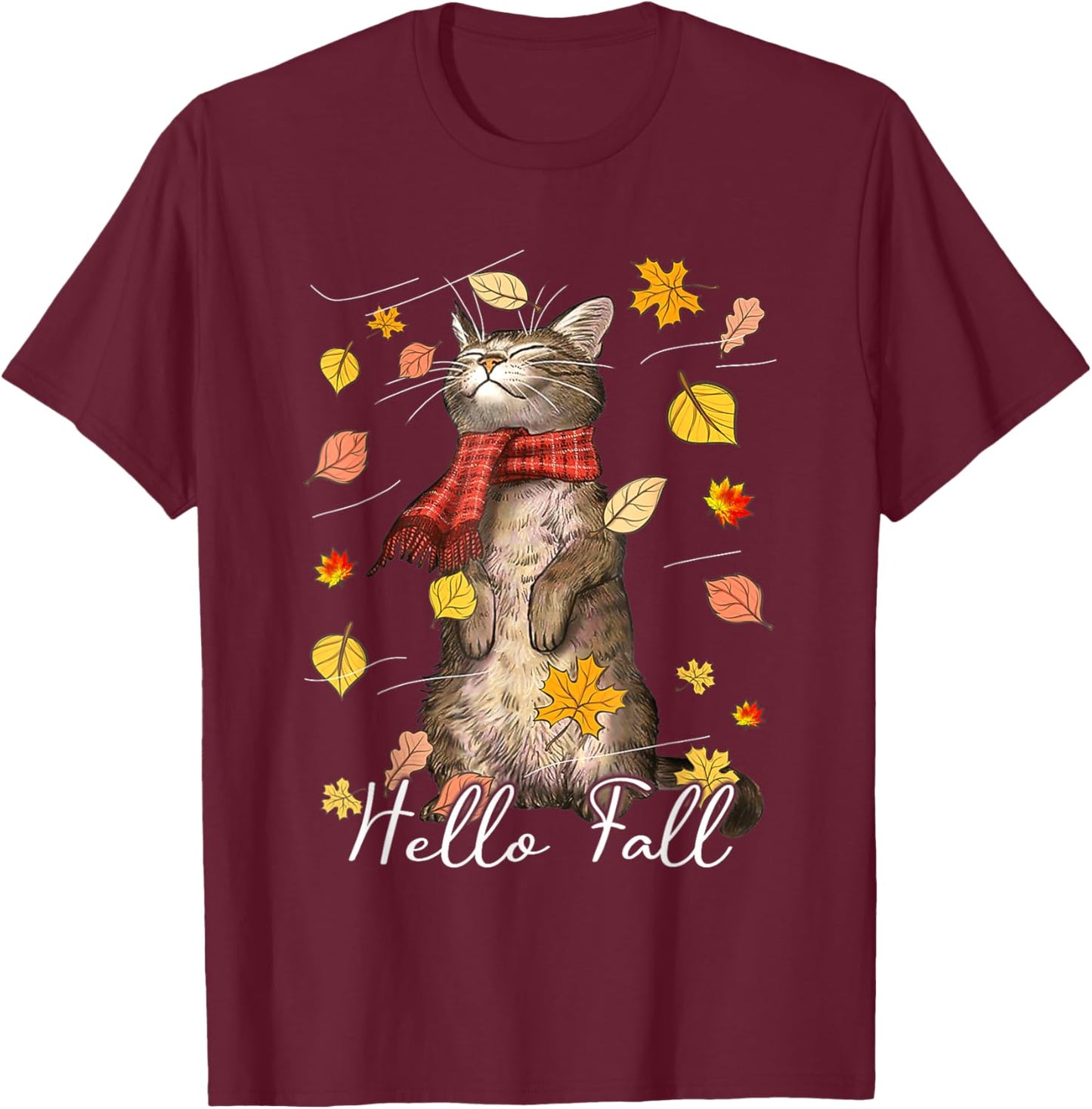 Hello Fall Cat Shirt Cat Autumn Leaves Kitten Lover Men Women Kids T-Shirt - T-Shirt | Maroon