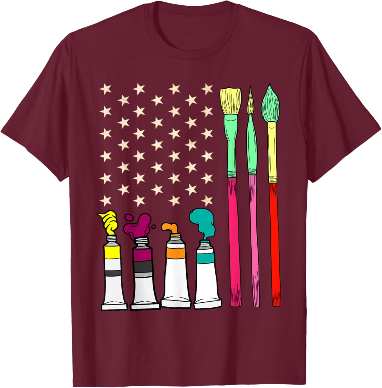 Fun Paint Brush Artist American Flag 4th Of July Painters Women Kids Men T-Shirt - T-Shirt | Maroon