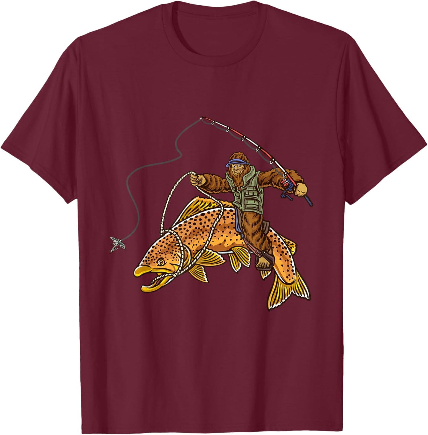 Brown Trout River Fishing Bigfoot Hunting Fishermen T-Shirt - T-Shirt | Maroon