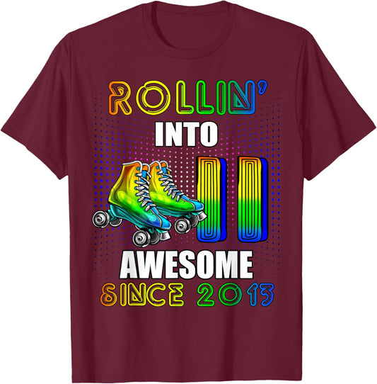 Roller Skating 11th Birthday Boys Rollin 11 Awesome 2013 T-Shirt - T-Shirt | Maroon