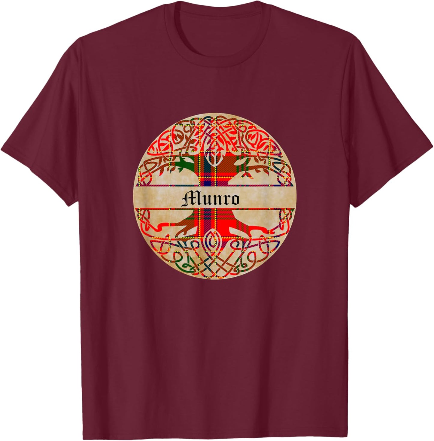 Munro Clan Tartan Tree of Life Scottish Surname T-Shirt - T-Shirt | Maroon