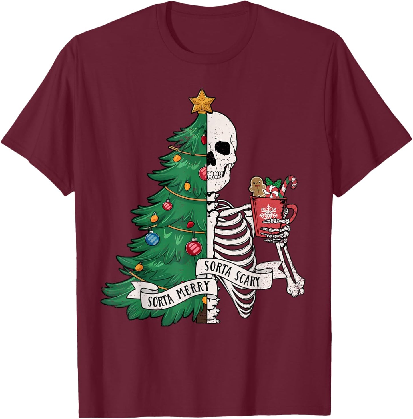 Funny Christmas Sorta Merry Sorta Scary Skeleton Xmas Tree T-Shirt - T-Shirt | Maroon