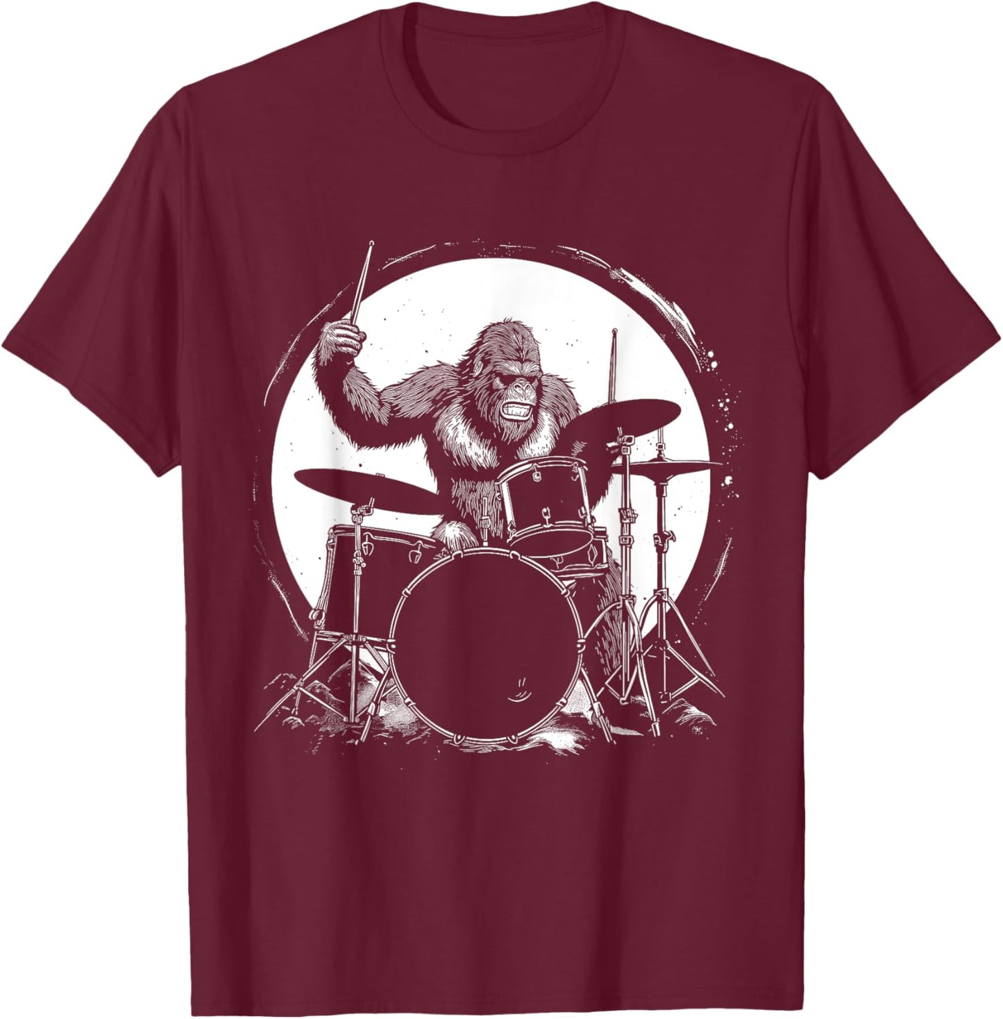 Drummer Bigfoot Playing Drums Funny Sasquatch Drumming T-Shirt - T-Shirt | Maroon